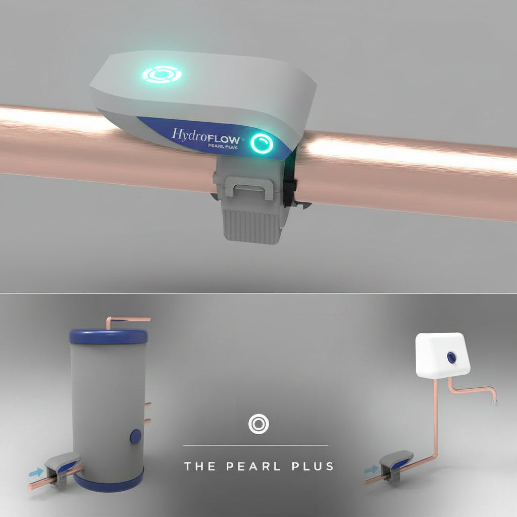 HydroFLOW The Pearl Plus system with copper pipes and valve on a gray background
